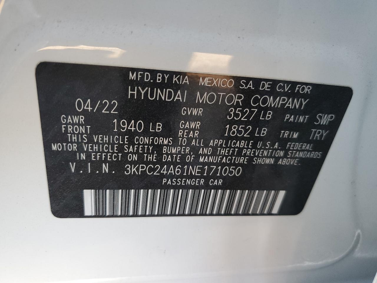 3KPC24A61NE171050 2022 Hyundai Accent Se