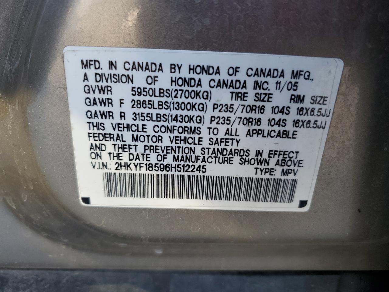 2HKYF18596H512245 2006 Honda Pilot Ex