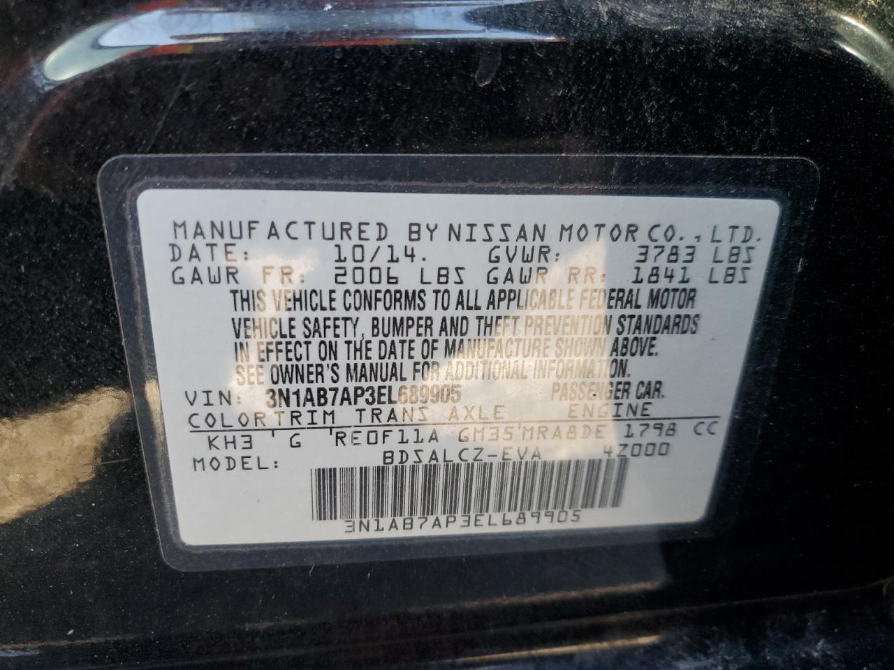 2014 Nissan Sentra S VIN: 3N1AB7AP3EL689905 Lot: 76811304