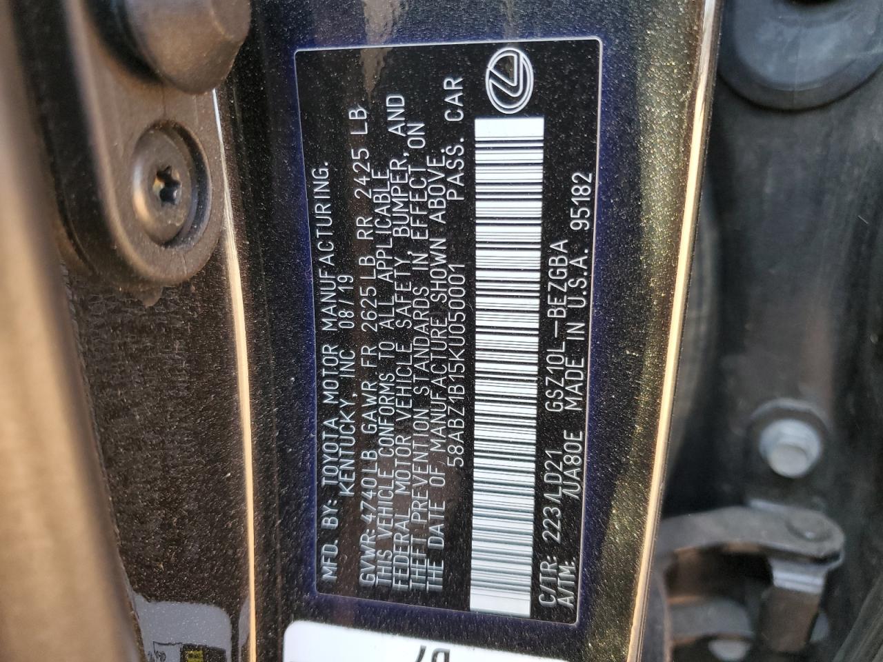 2019 Lexus Es 350 VIN: 58ABZ1B15KU050001 Lot: 75940334