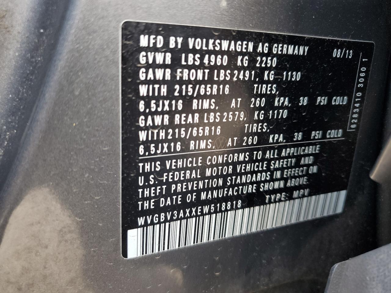 2014 Volkswagen Tiguan S VIN: WVGBV3AXXEW518818 Lot: 80075745