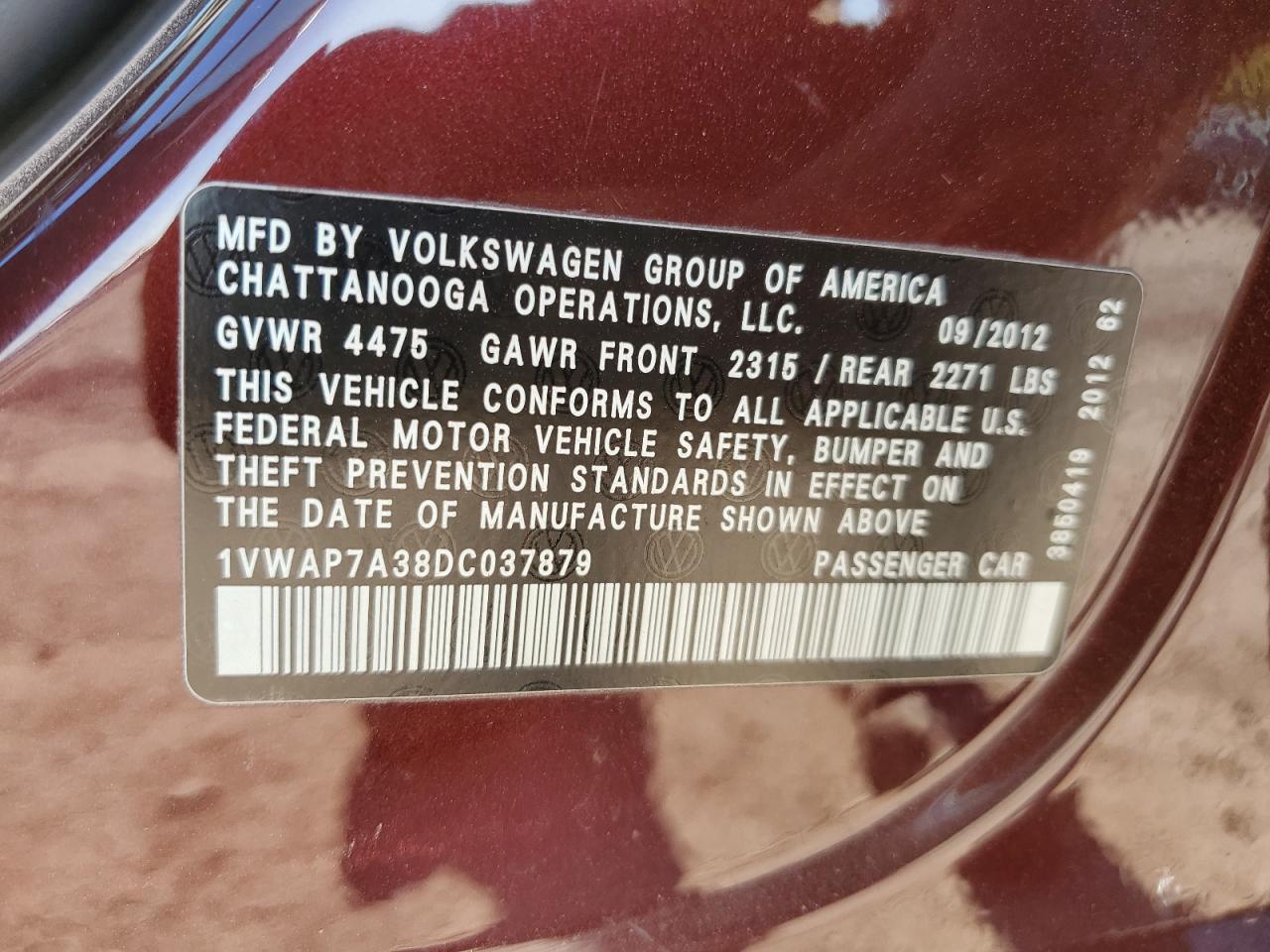 2013 Volkswagen Passat S VIN: 1VWAP7A38DC037879 Lot: 75258444