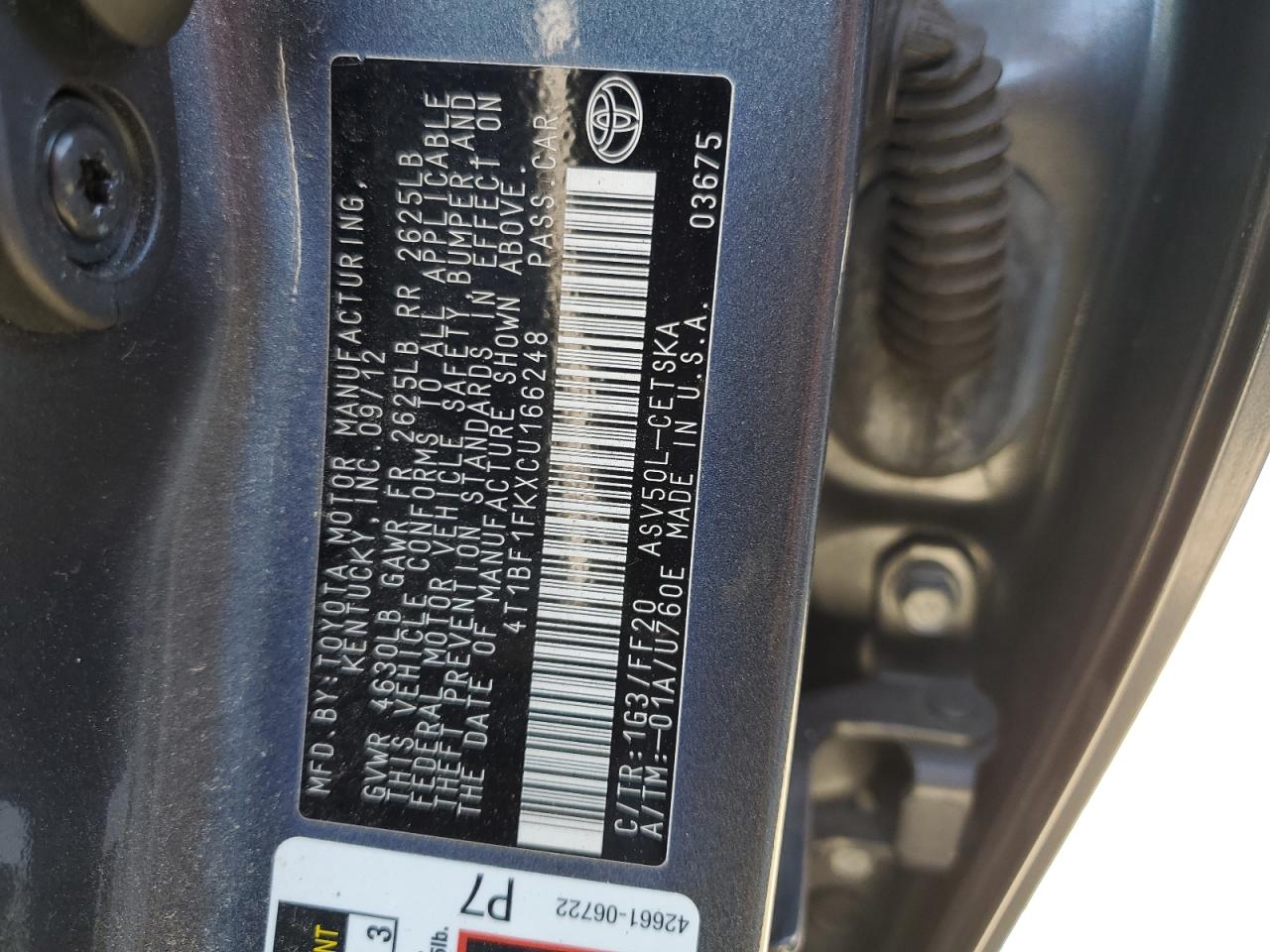 4T1BF1FKXCU166248 2012 Toyota Camry Base