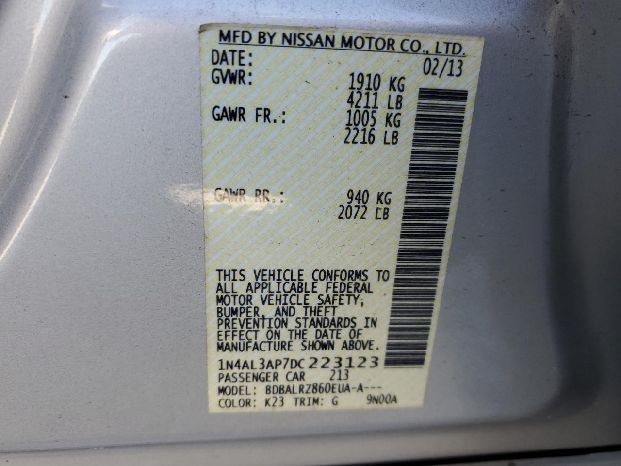 2013 Nissan Altima 2.5 VIN: 1N4AL3AP7DC223123 Lot: 76300864