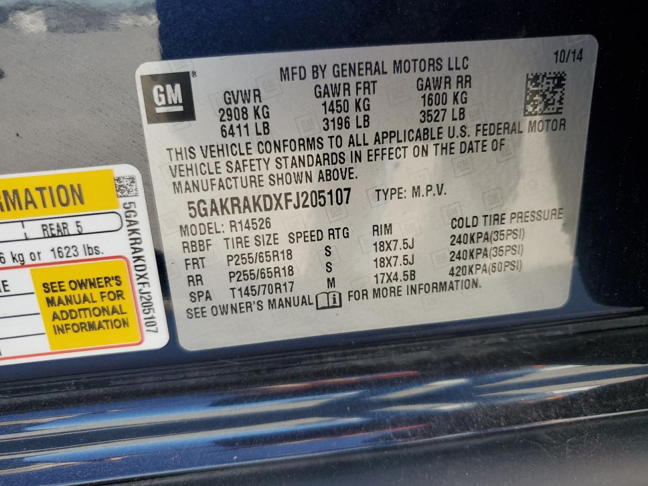 5GAKRAKDXFJ205107 2015 Buick Enclave