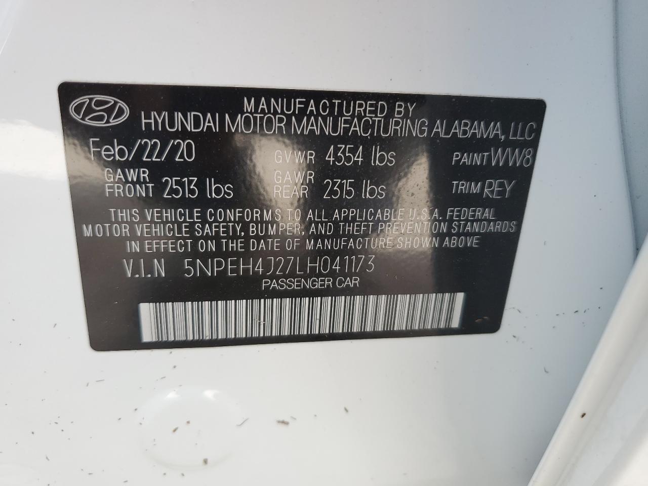 2020 Hyundai Sonata Limited VIN: 5NPEH4J27LH041173 Lot: 77126114