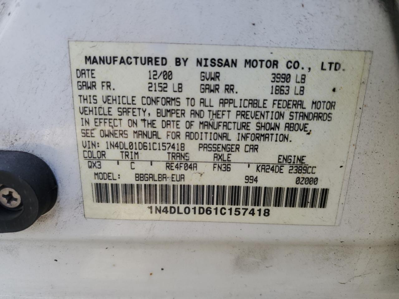 1N4DL01D61C157418 2001 Nissan Altima Xe