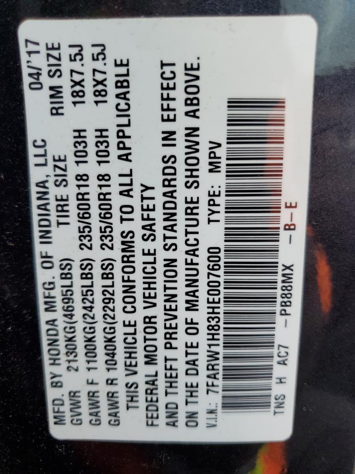 2017 Honda Cr-V Exl VIN: 7FARW1H83HE007600 Lot: 75329634