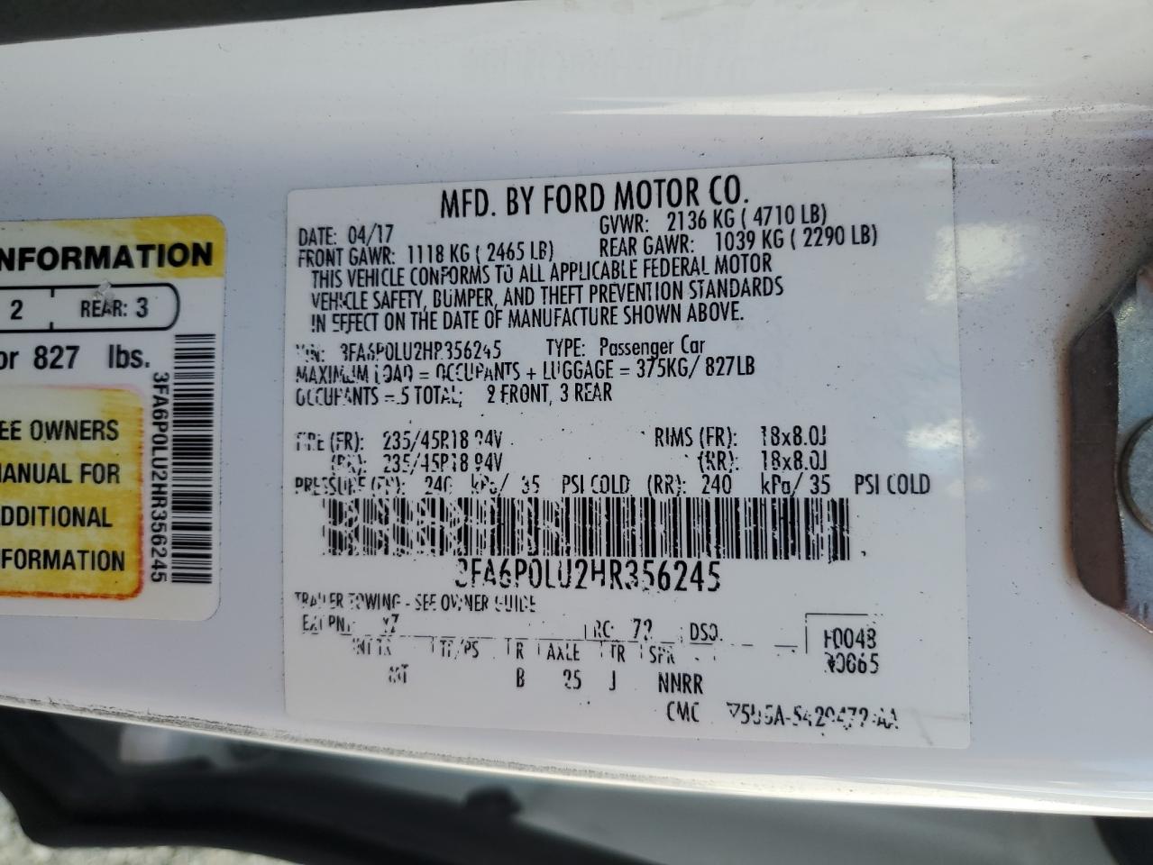 3FA6P0LU2HR356245 2017 Ford Fusion Se Hybrid