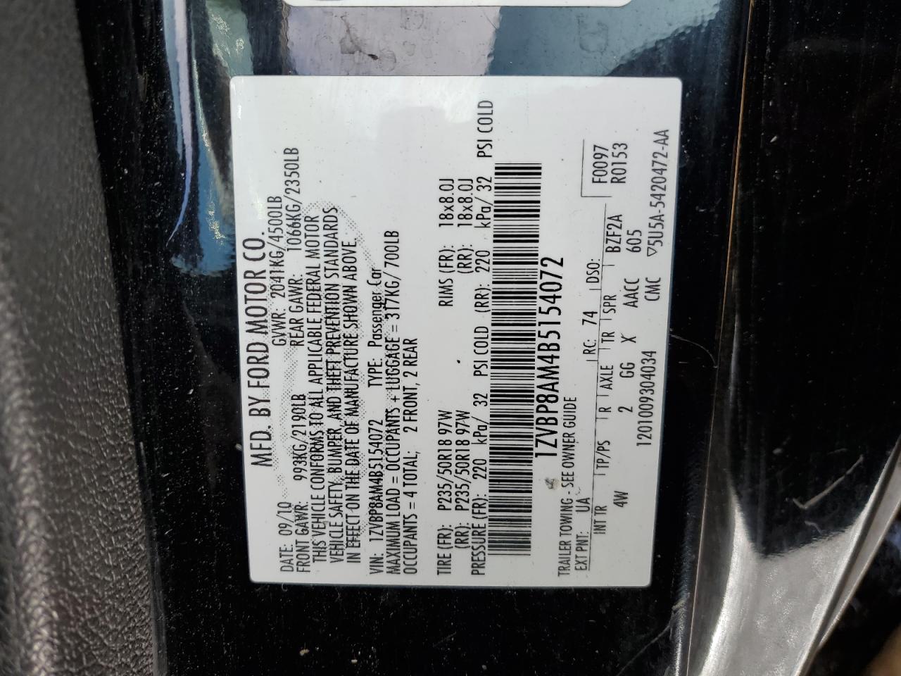 1ZVBP8AM4B5154072 2011 Ford Mustang