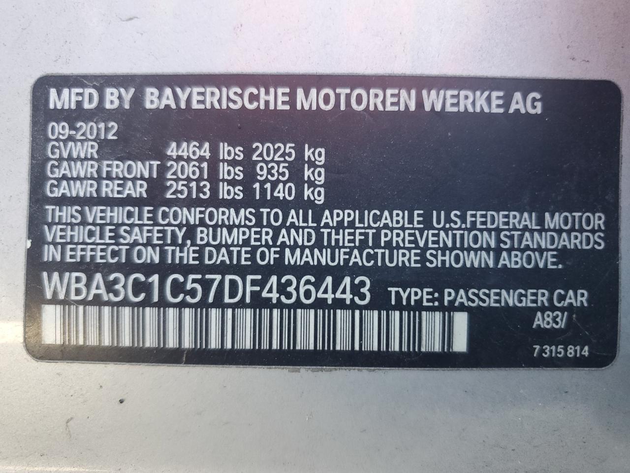 2013 BMW 328 I Sulev VIN: WBA3C1C57DF436443 Lot: 75367534