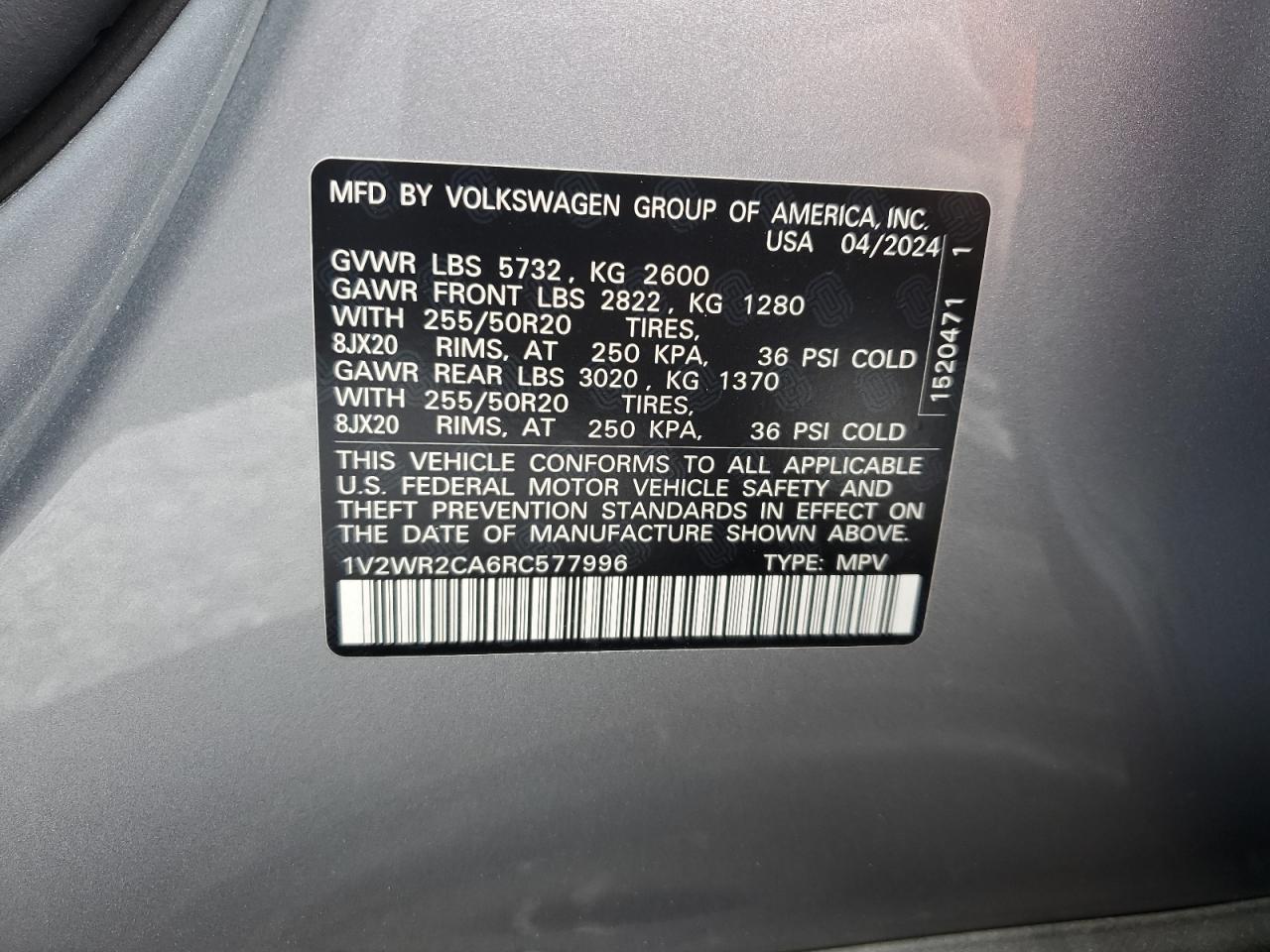 2024 Volkswagen Atlas Se VIN: 1V2WR2CA6RC577996 Lot: 74176264