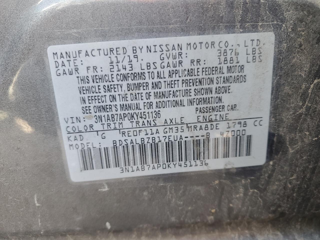 3N1AB7AP0KY451136 2019 Nissan Sentra S