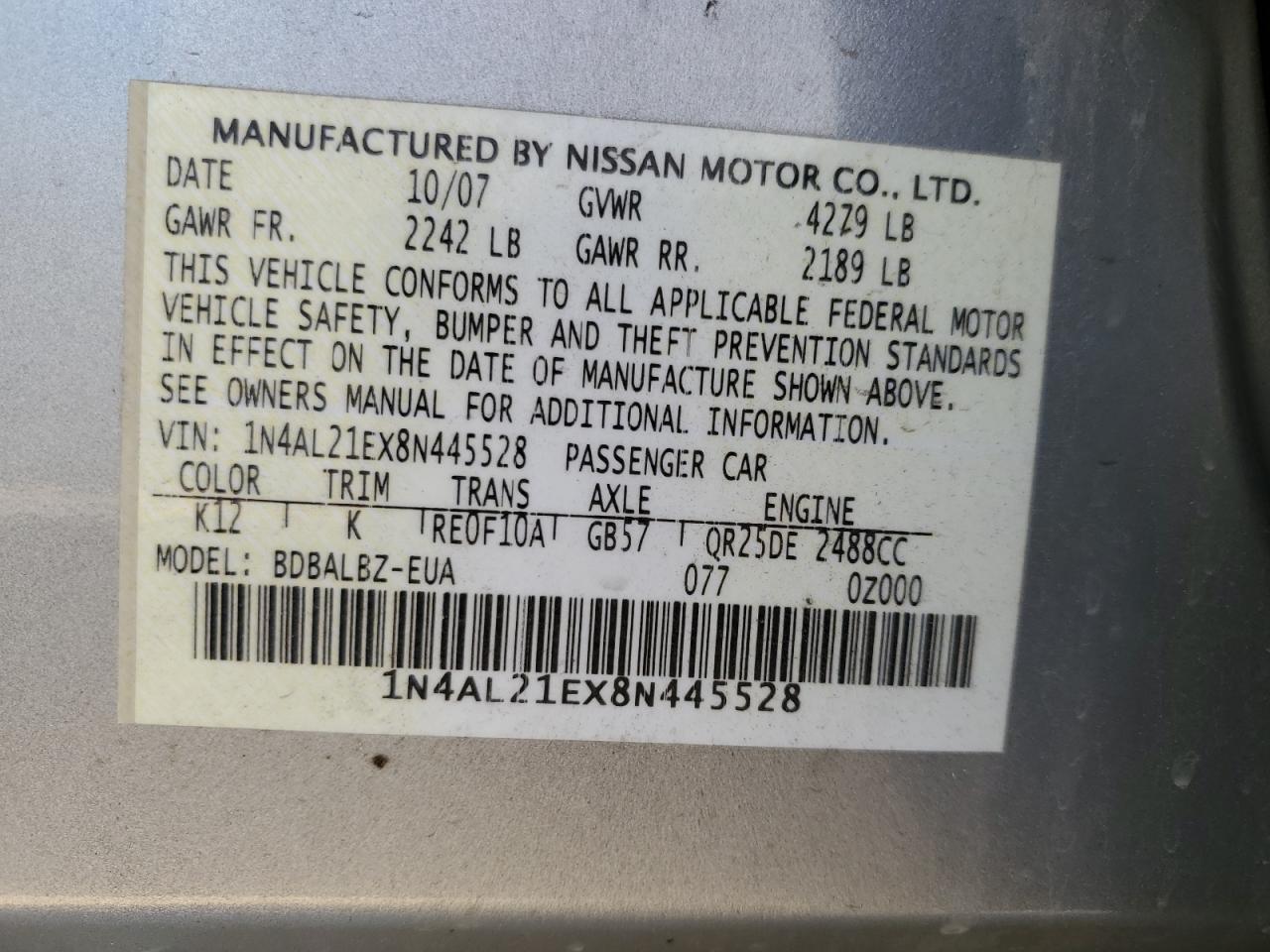 2008 Nissan Altima 2.5 VIN: 1N4AL21EX8N445528 Lot: 74087874