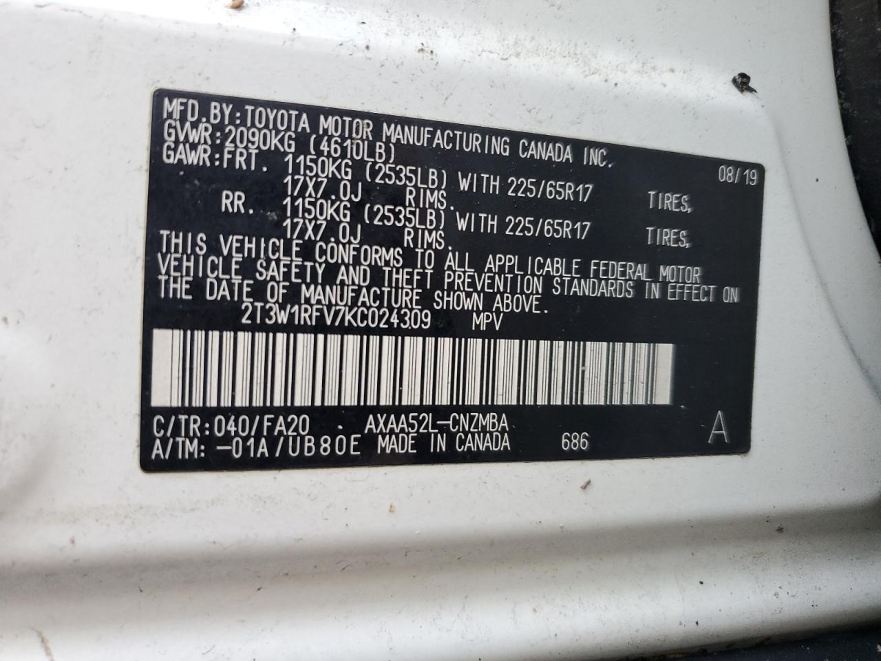 2T3W1RFV7KC024309 2019 Toyota Rav4 Xle