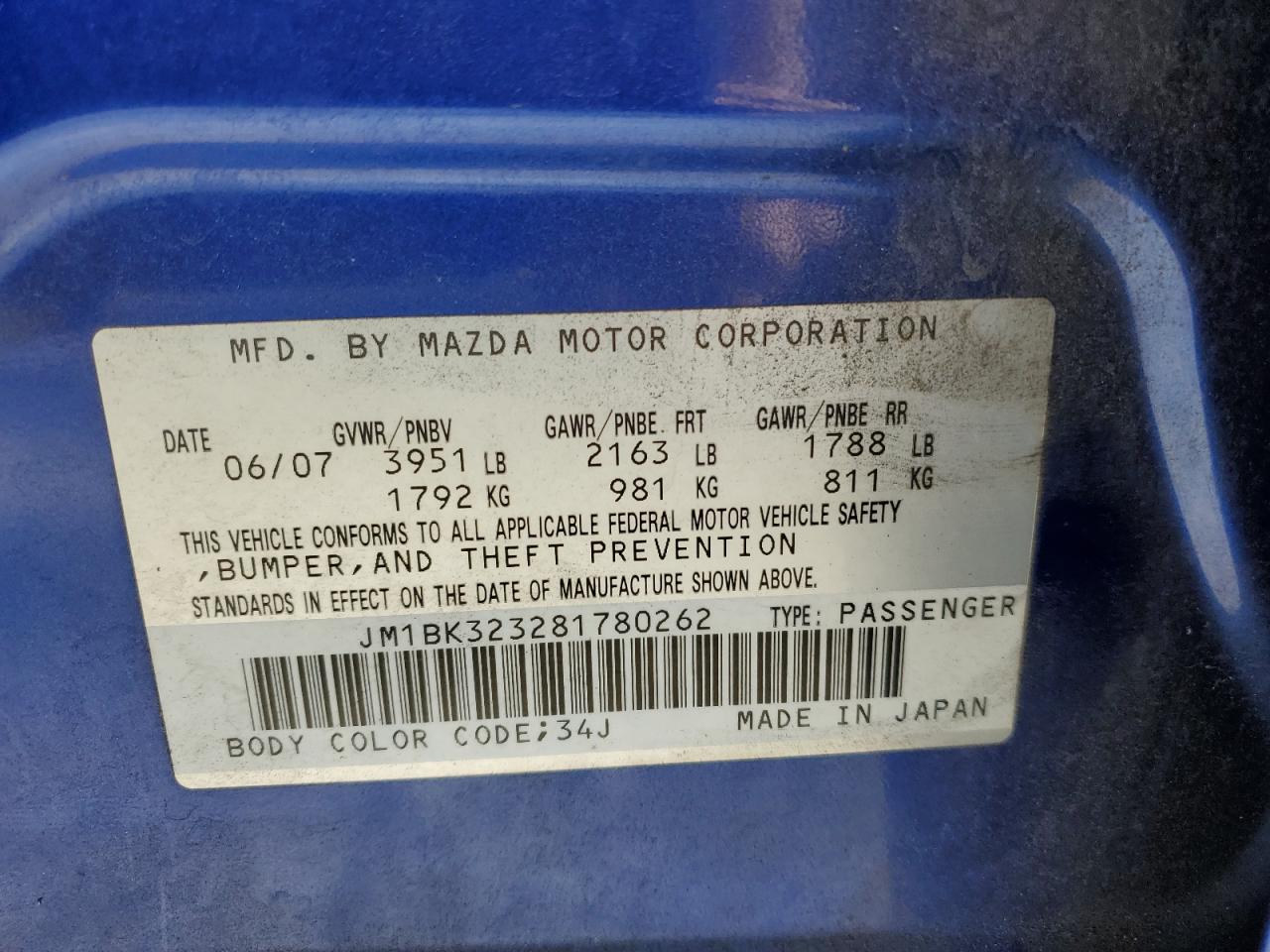 2008 Mazda 3 S VIN: JM1BK323281780262 Lot: 74841594