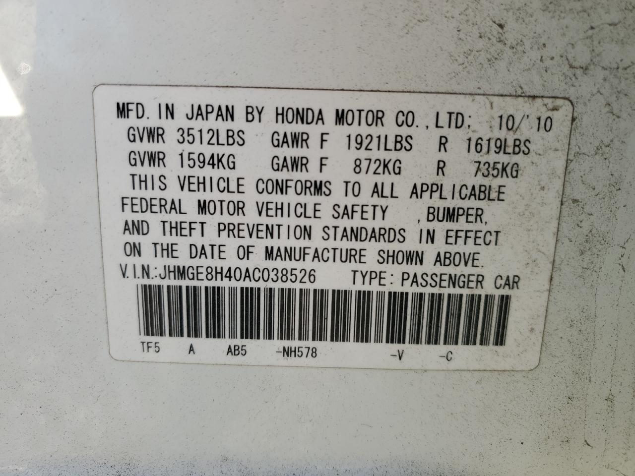 JHMGE8H40AC038526 2010 Honda Fit Sport