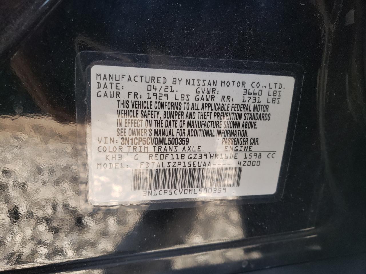 2021 Nissan Kicks Sv VIN: 3N1CP5CV0ML500359 Lot: 76283214