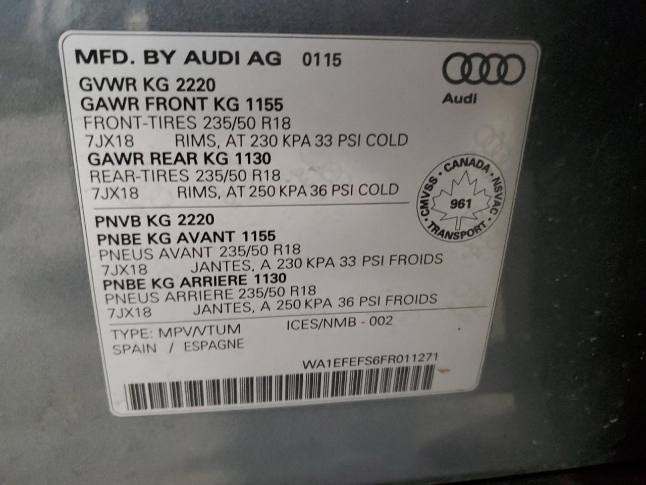 2015 Audi Q3 Premium Plus VIN: WA1EFEFS6FR011271 Lot: 76033564