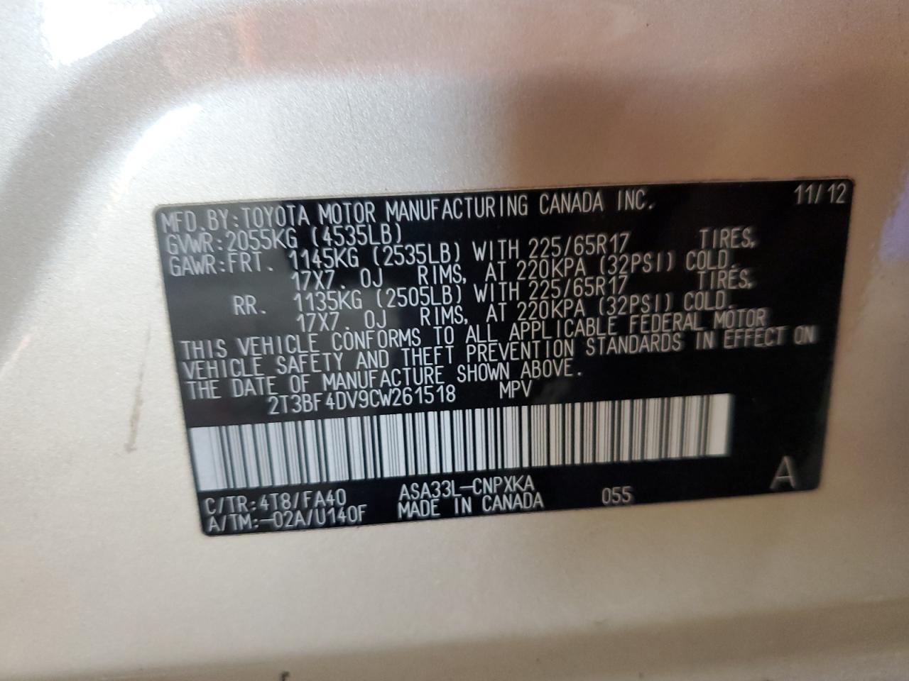 2T3BF4DV9CW261518 2012 Toyota Rav4