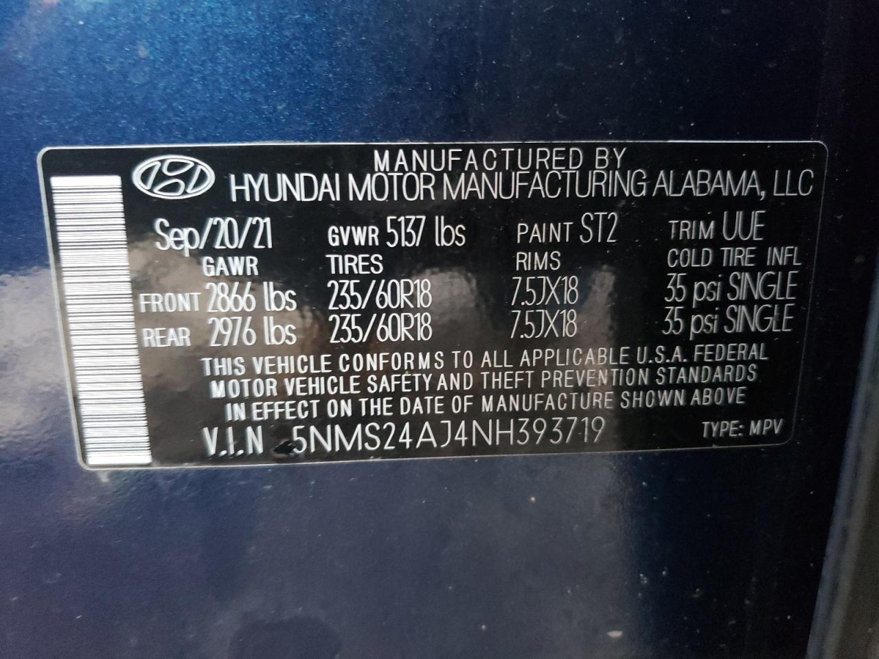 2022 Hyundai Santa Fe Sel VIN: 5NMS24AJ4NH393719 Lot: 73424254