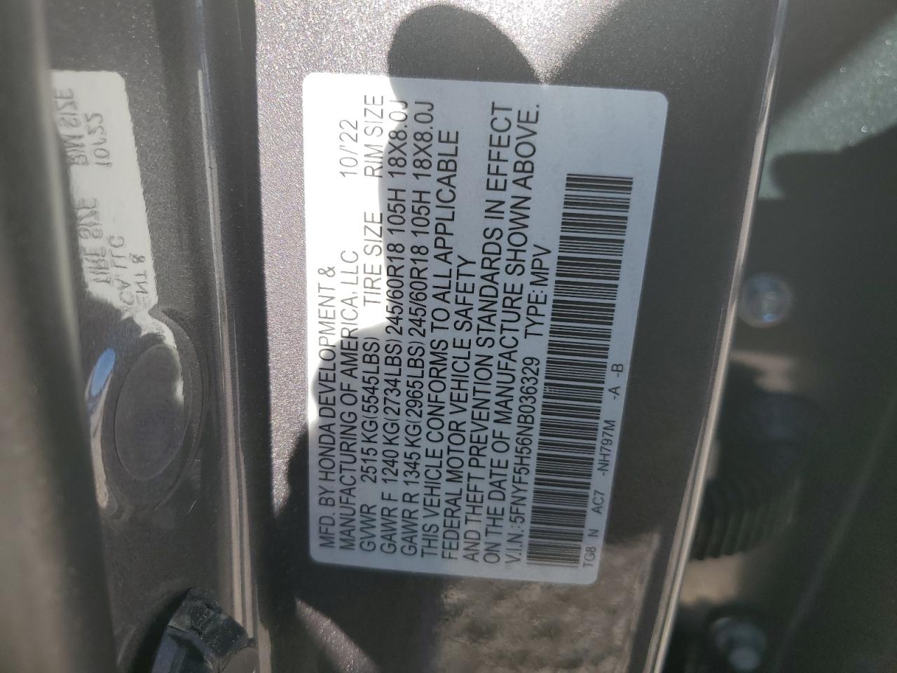 5FNYF5H56NB036329 2022 Honda Pilot Exl