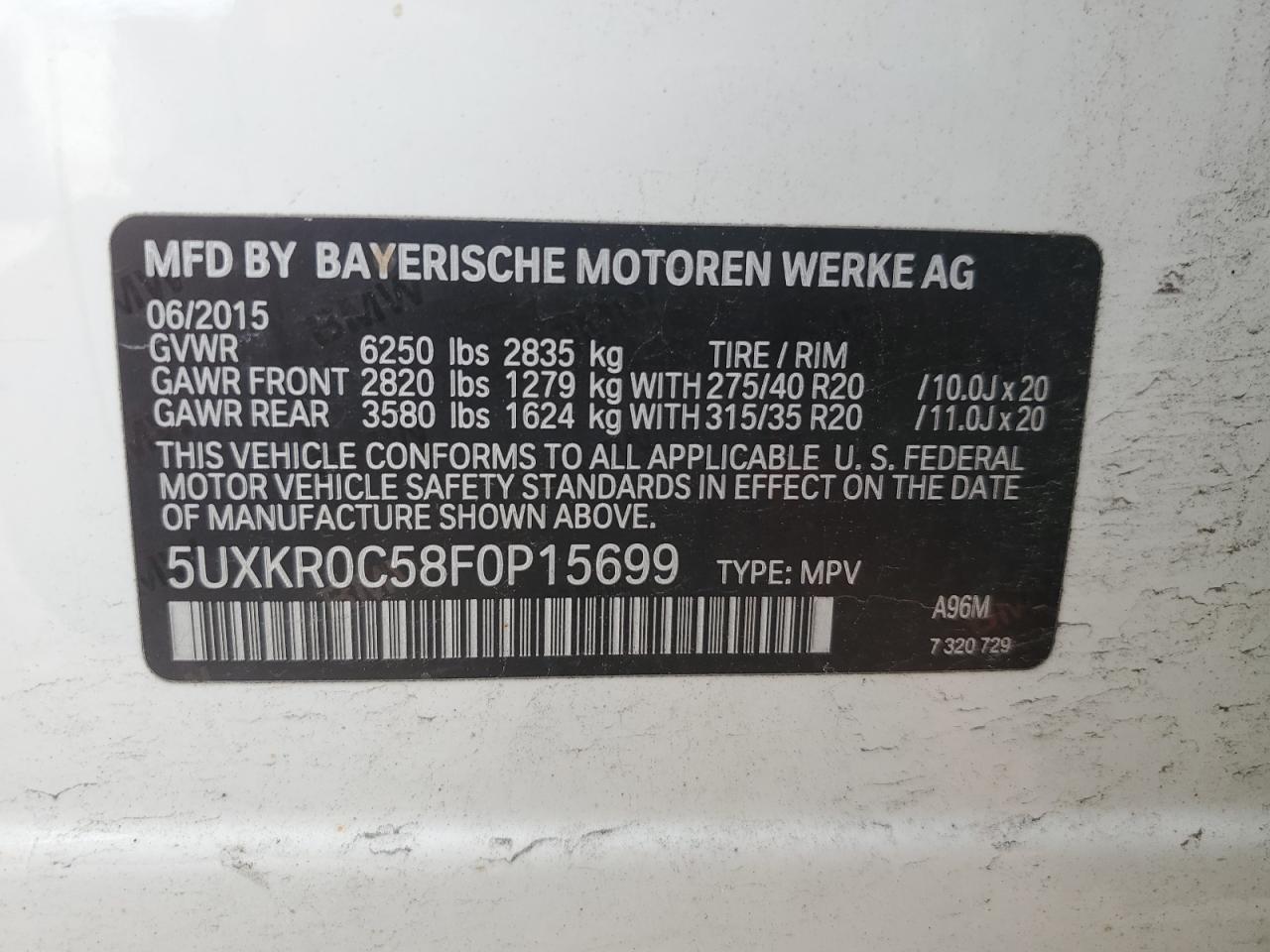 2015 BMW X5 xDrive35I VIN: 5UXKR0C58F0P15699 Lot: 78033614