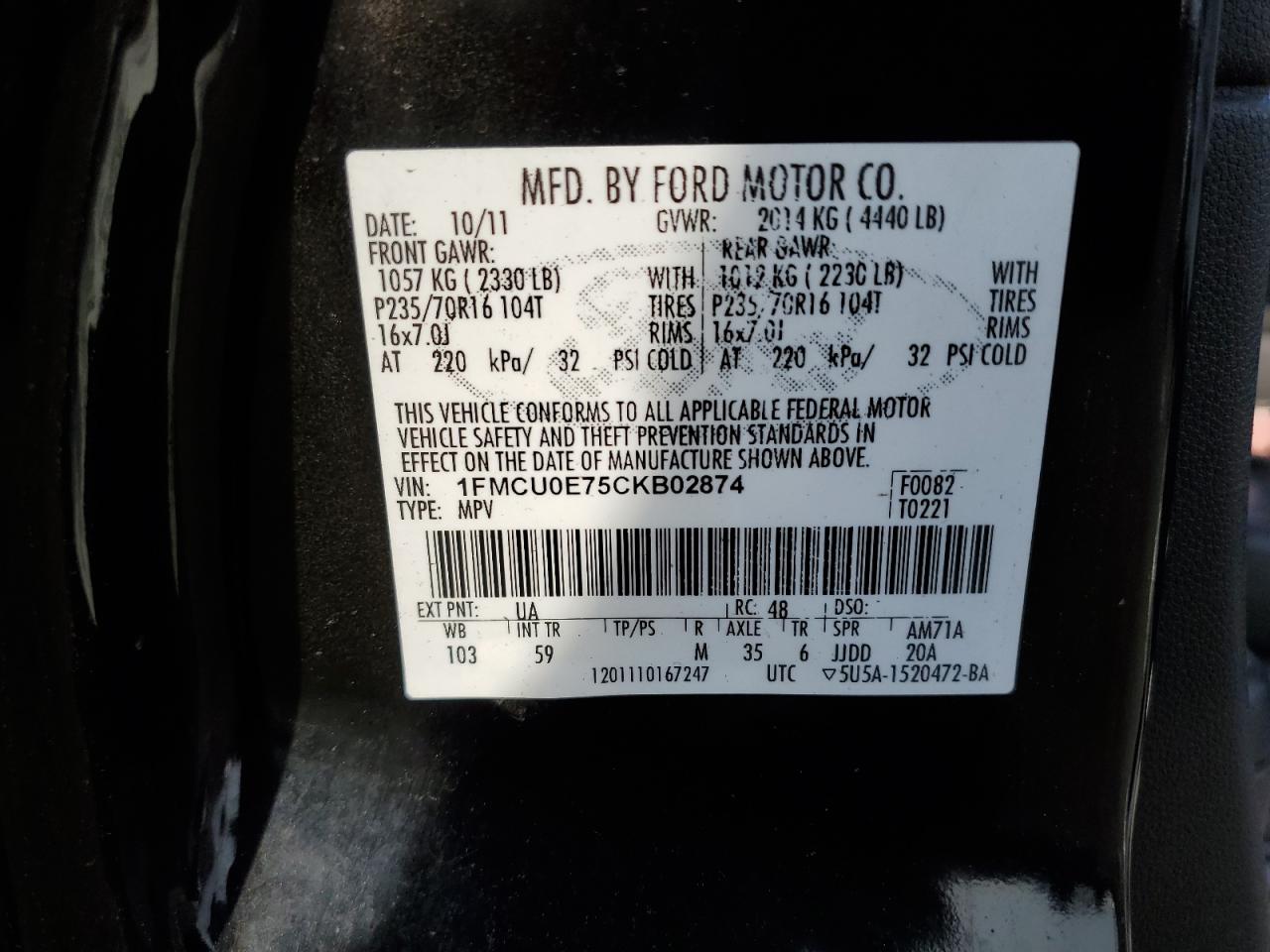 2012 Ford Escape Limited VIN: 1FMCU0E75CKB02874 Lot: 77853334