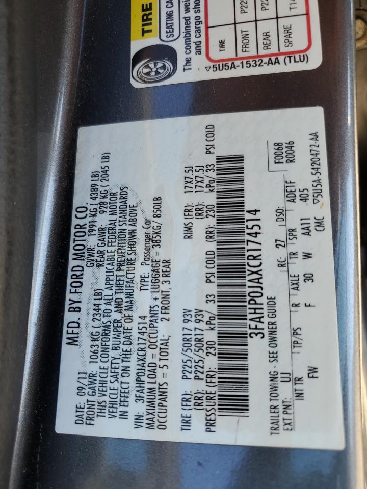 2012 Ford Fusion Sel VIN: 3FAHP0JAXCR174514 Lot: 75034714