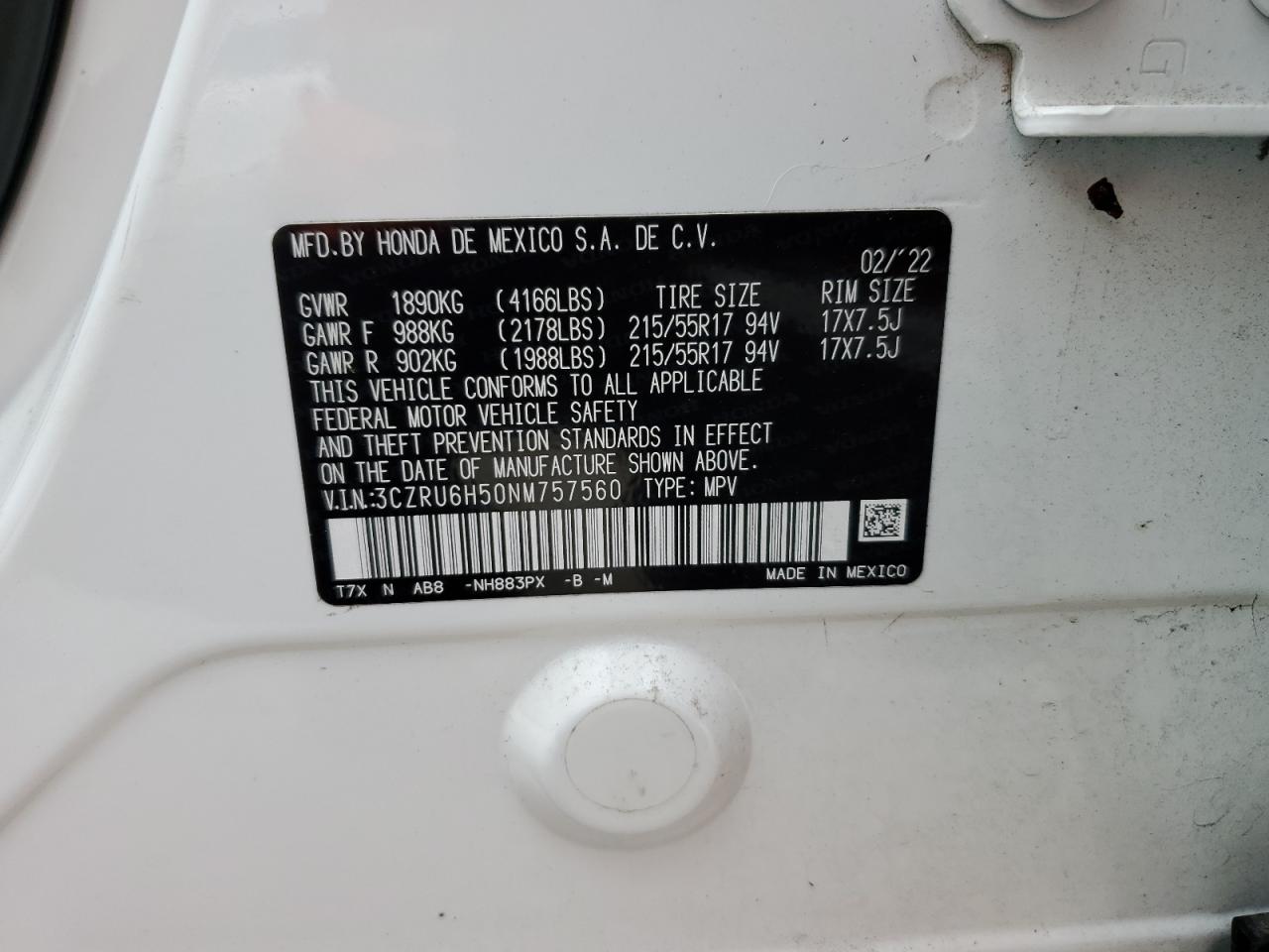 2022 Honda Hr-V Ex VIN: 3CZRU6H50NM757560 Lot: 74454574