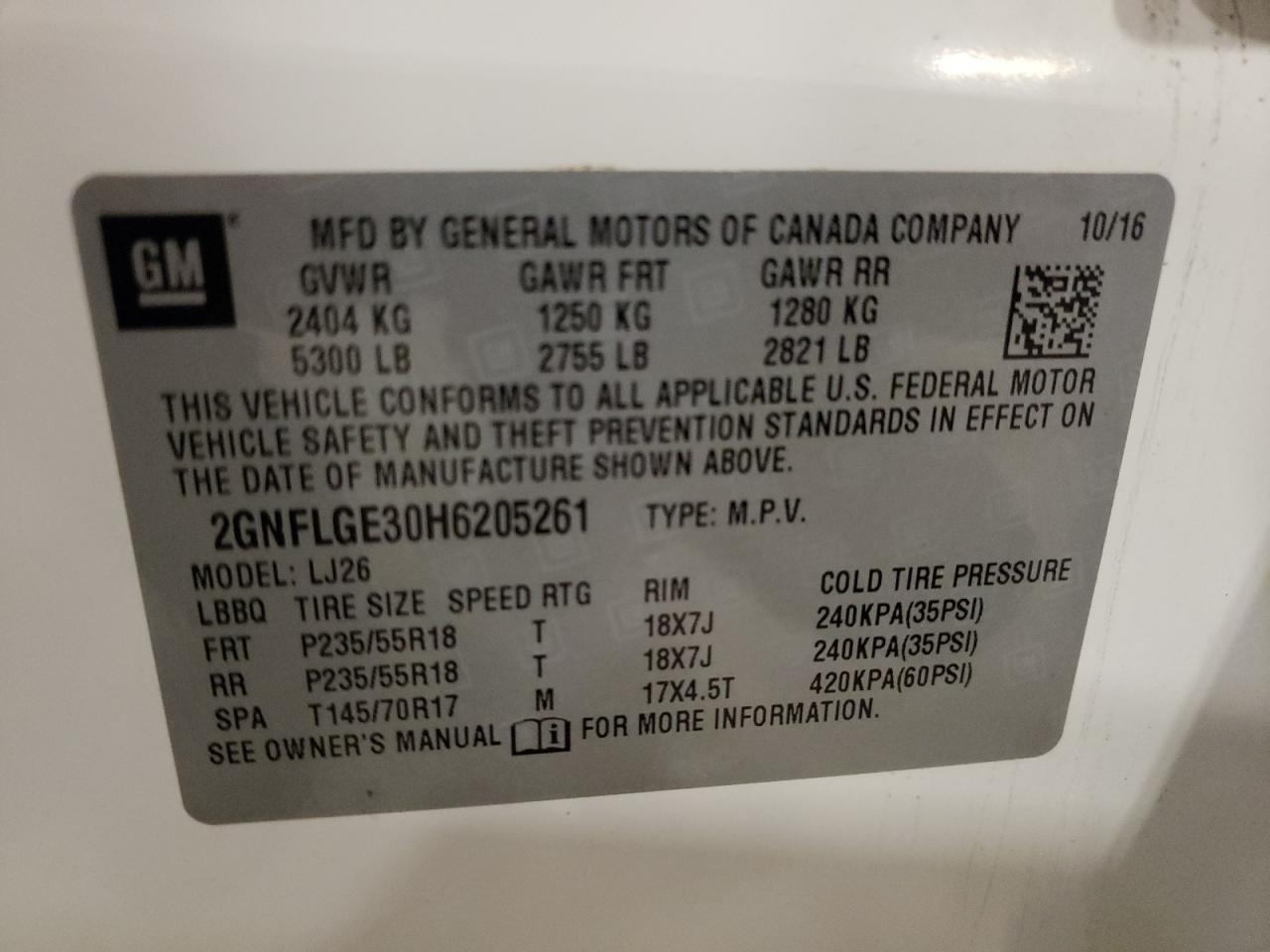 2GNFLGE30H6205261 2017 Chevrolet Equinox Premier