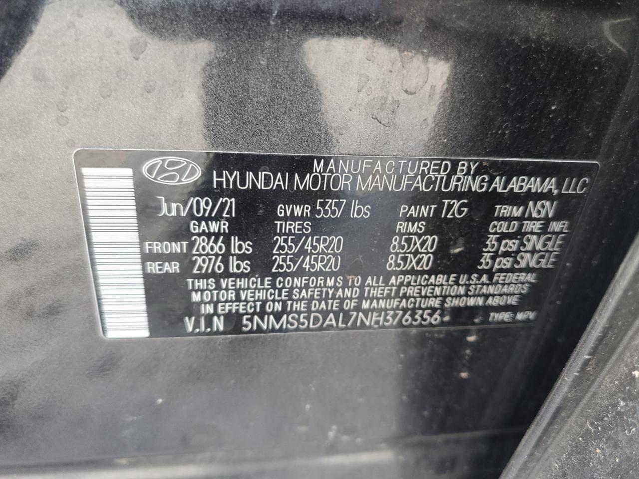 2022 Hyundai Santa Fe Calligraphy VIN: 5NMS5DAL7NH376356 Lot: 77010904