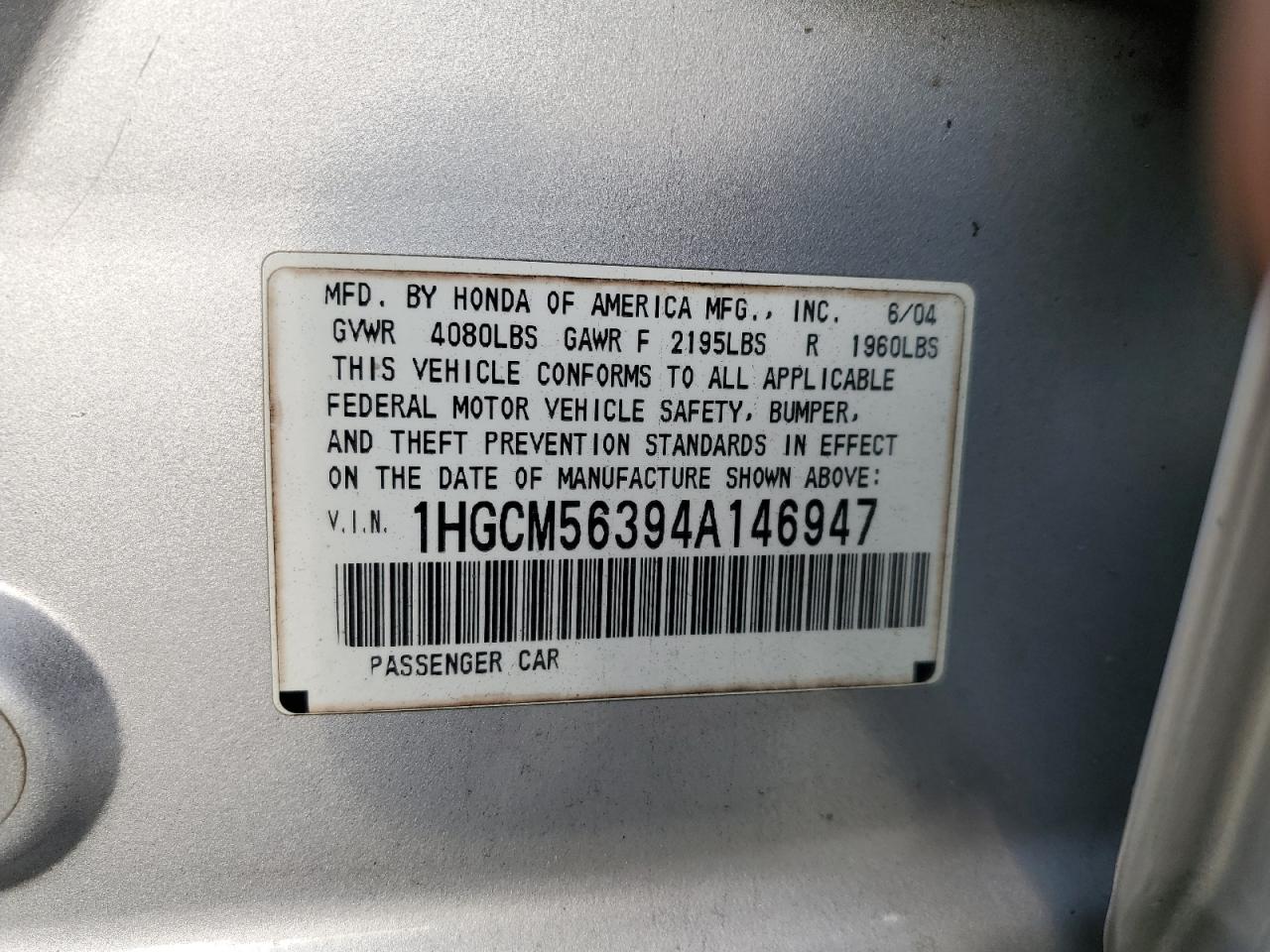 2004 Honda Accord Lx VIN: 1HGCM56394A146947 Lot: 74556074