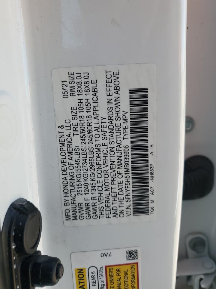 2021 Honda Pilot Exl VIN: 5FNYF5H51MB039606 Lot: 76771734