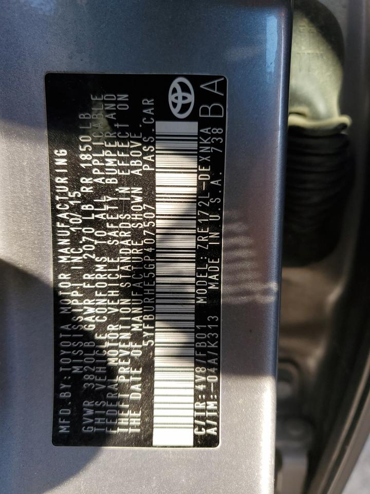 2016 Toyota Corolla L VIN: 5YFBURHE5GP407507 Lot: 75814994