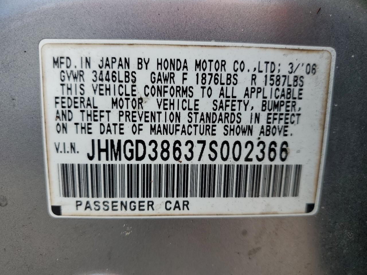 JHMGD38637S002366 2007 Honda Fit S