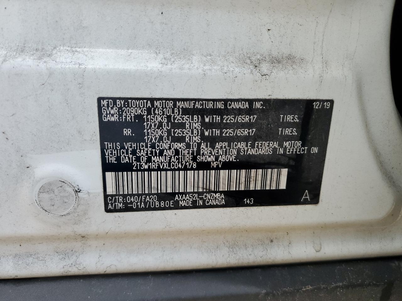 2T3W1RFVXLC047178 2020 Toyota Rav4 Xle