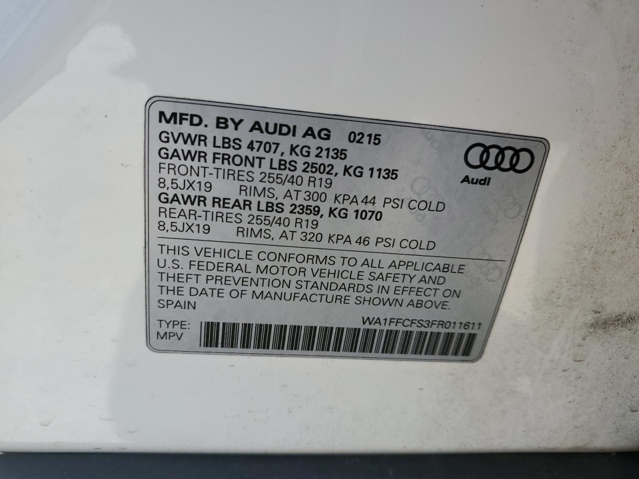 2015 Audi Q3 Prestige VIN: WA1FFCFS3FR011611 Lot: 75562494