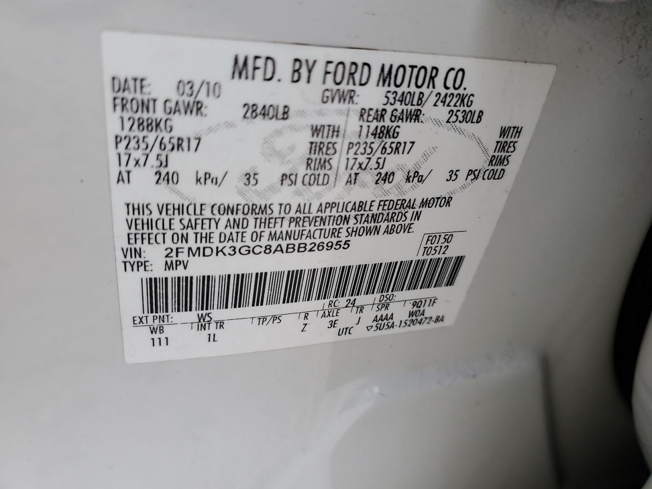 2010 Ford Edge Se VIN: 2FMDK3GC8ABB26955 Lot: 74893384