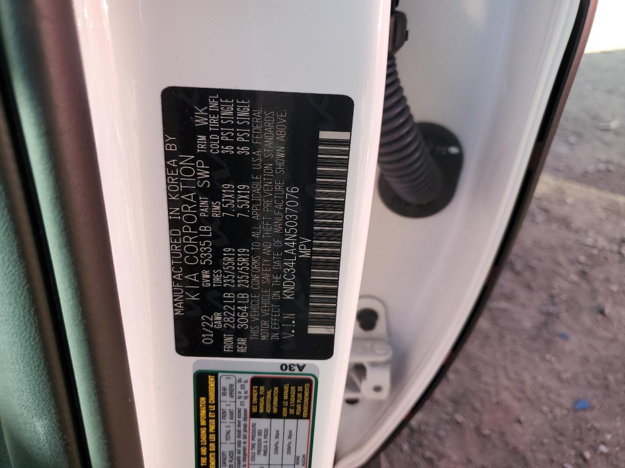 2022 Kia Ev6 Light VIN: KNDC34LA4N5037076 Lot: 78067654