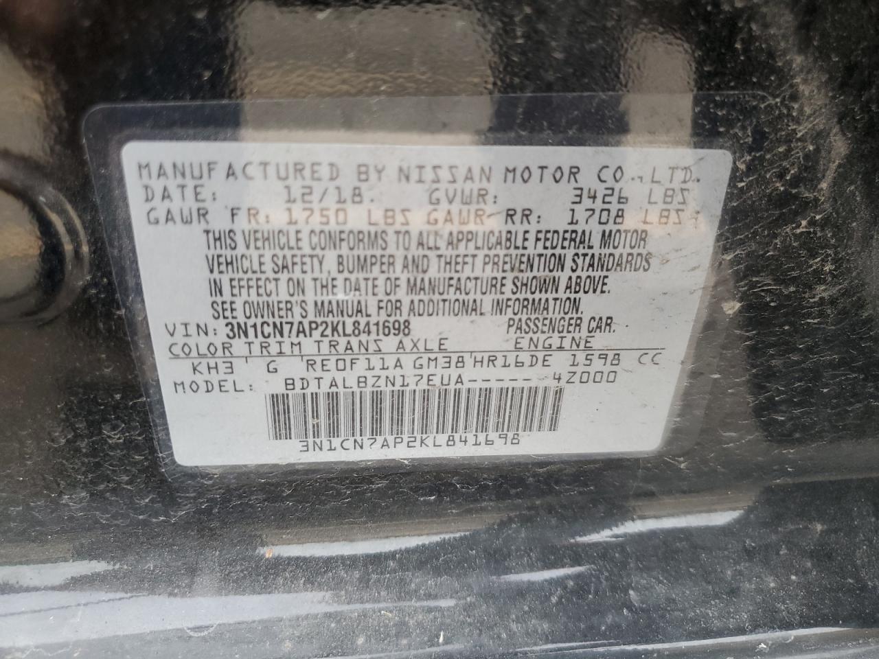 2019 Nissan Versa S VIN: 3N1CN7AP2KL841698 Lot: 77594064