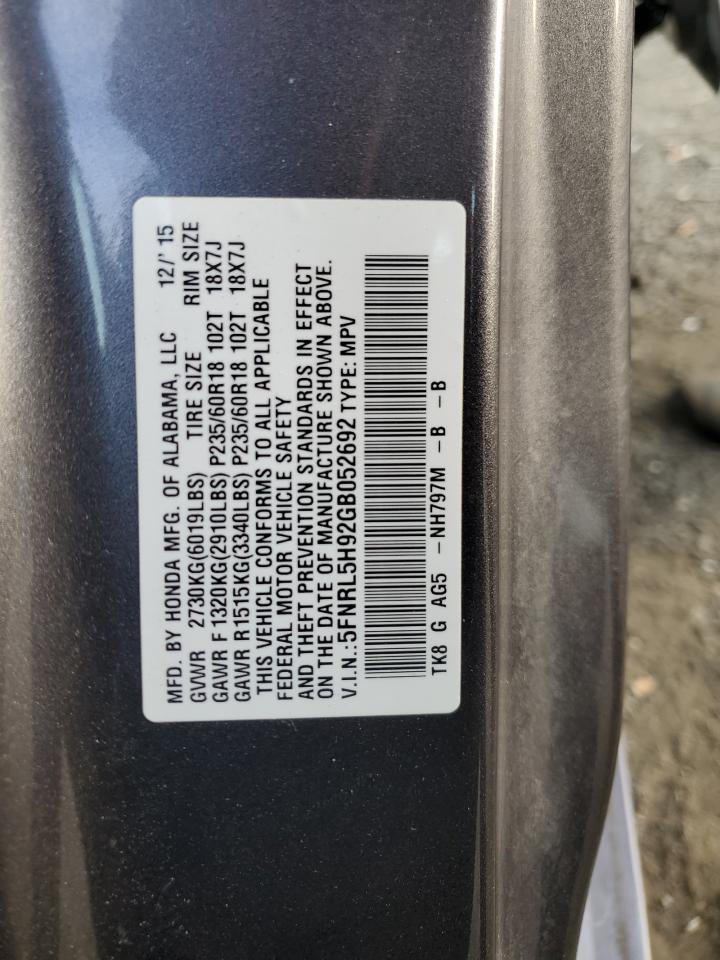 2016 Honda Odyssey Touring VIN: 5FNRL5H92GB052692 Lot: 78909244