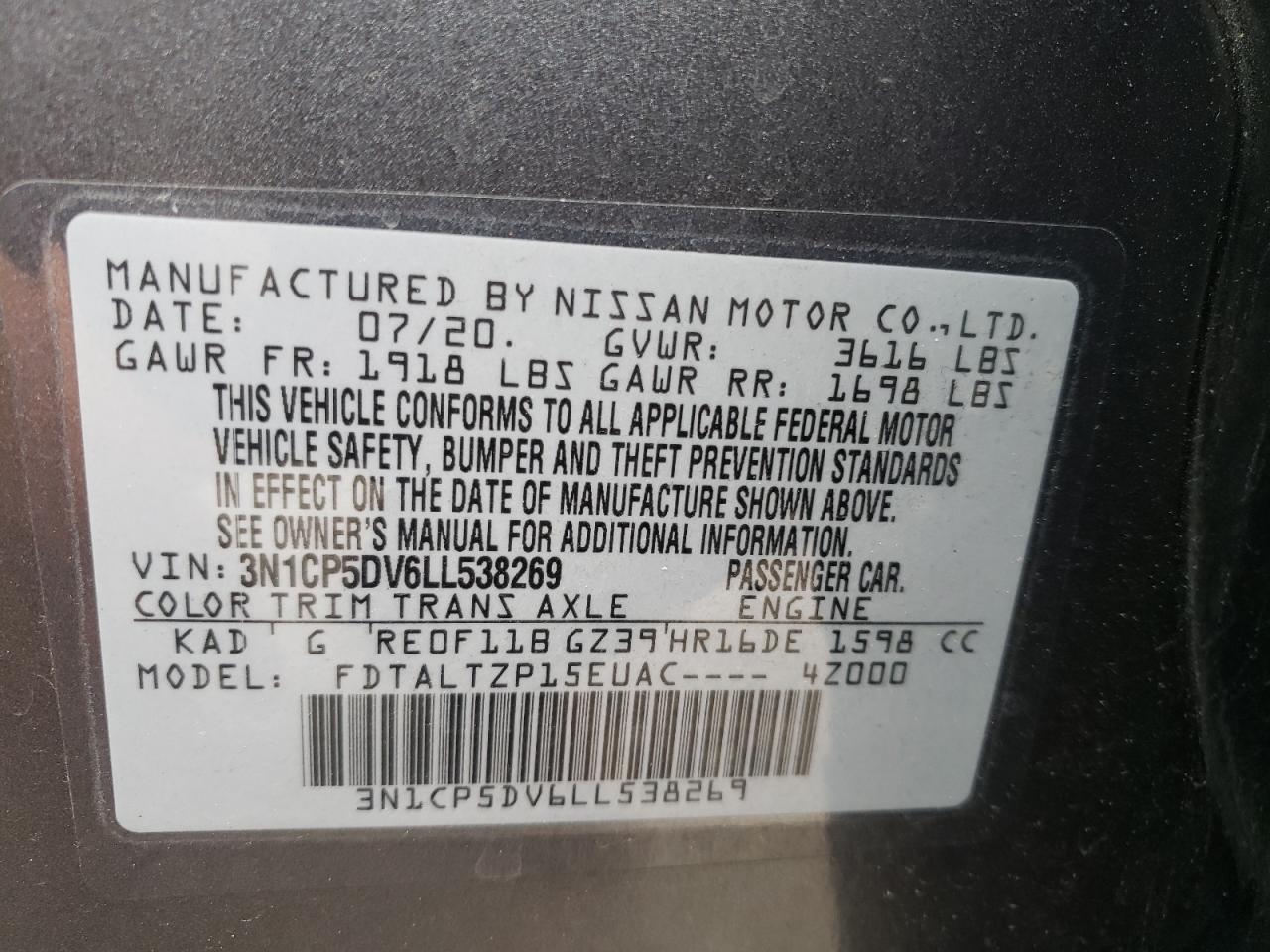 2020 Nissan Kicks Sr VIN: 3N1CP5DV6LL538269 Lot: 76200584