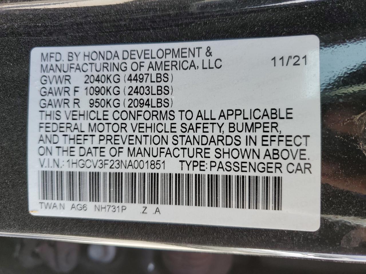 2022 Honda Accord Hybrid Sport VIN: 1HGCV3F23NA001851 Lot: 74005074