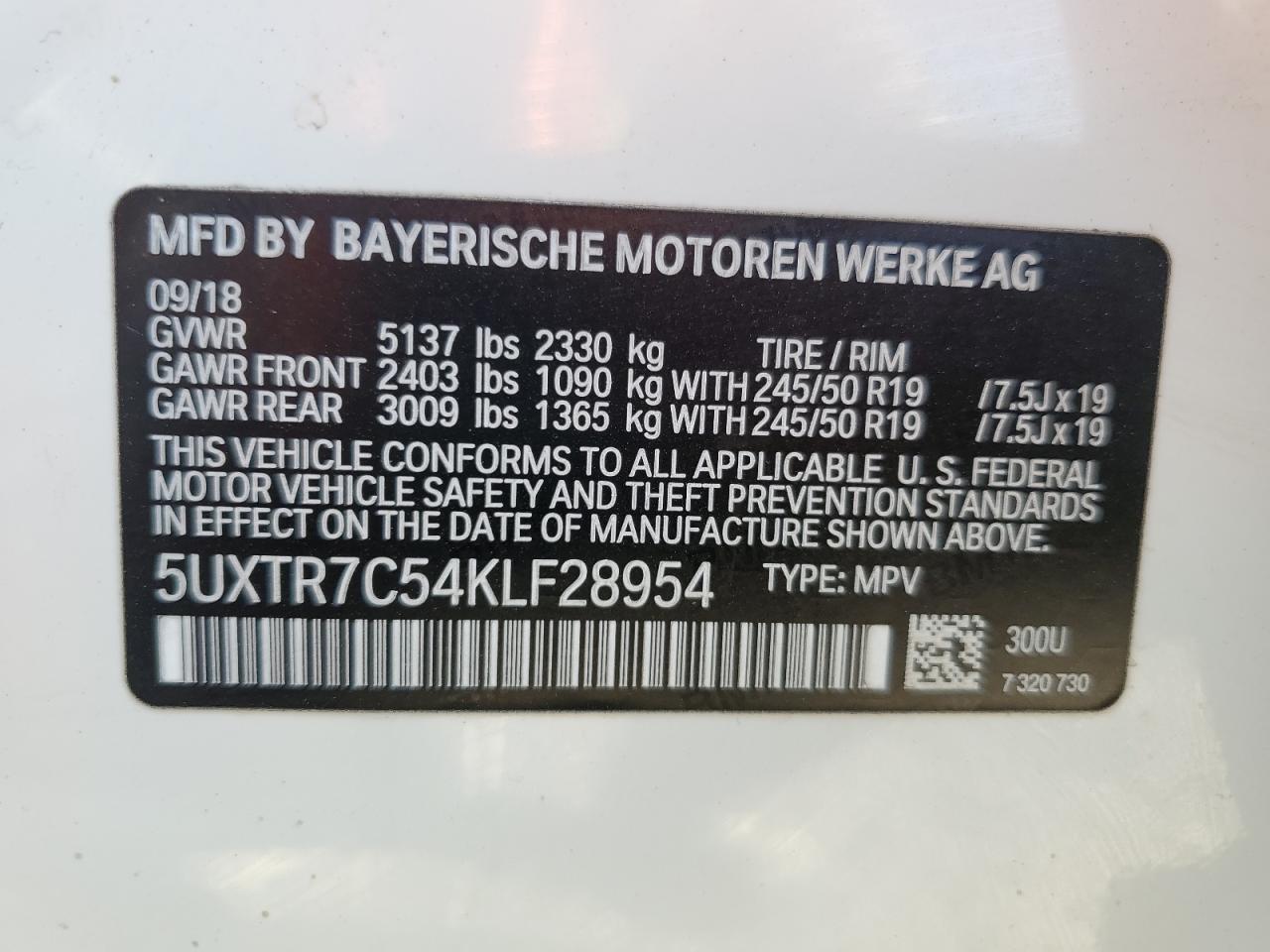 5UXTR7C54KLF28954 2019 BMW X3 Sdrive30I