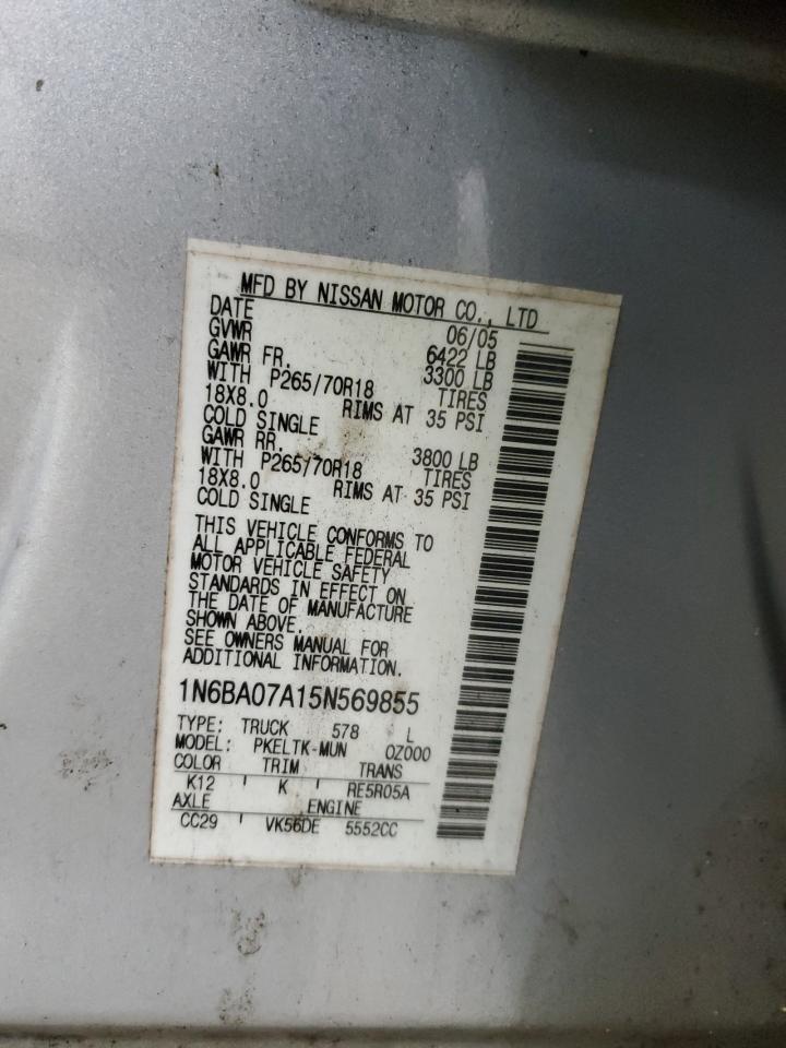 2005 Nissan Titan Xe VIN: 1N6BA07A15N569855 Lot: 94607535