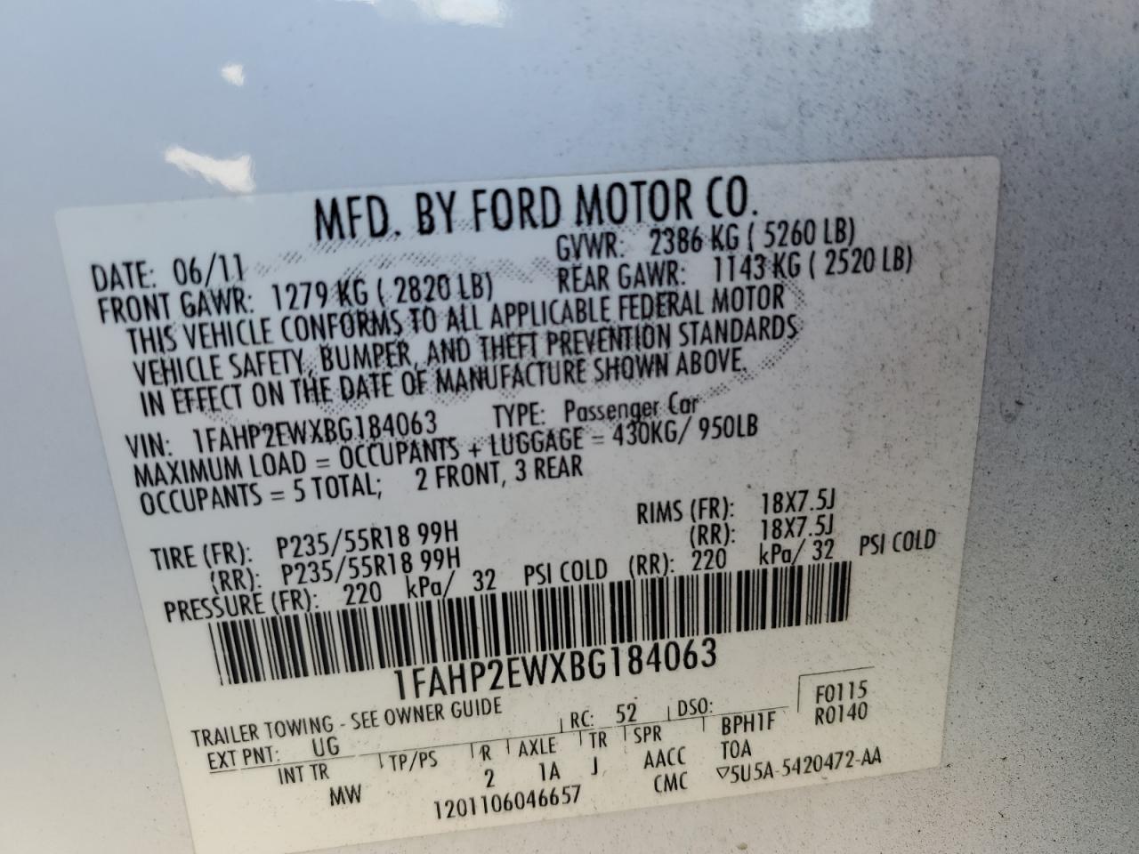 2011 Ford Taurus Sel VIN: 1FAHP2EWXBG184063 Lot: 75708714