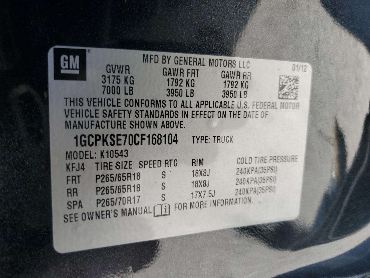 1GCPKSE70CF168104 2012 Chevrolet Silverado K1500 Lt