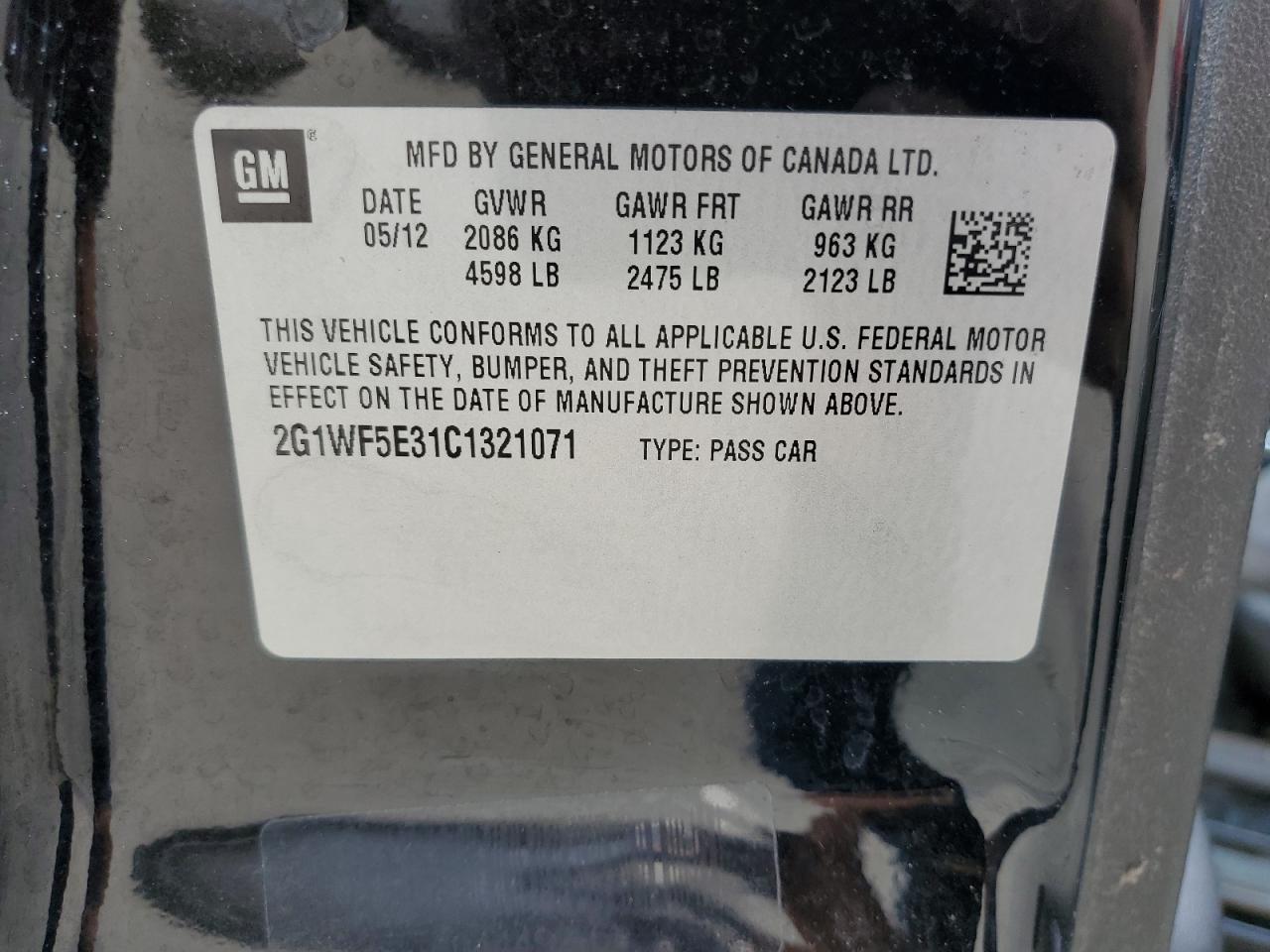 2012 Chevrolet Impala Ls VIN: 2G1WF5E31C1321071 Lot: 74748754