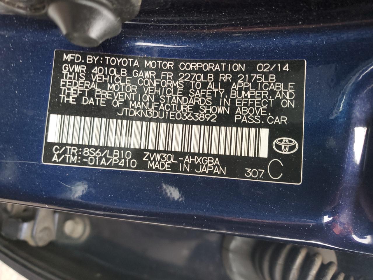 JTDKN3DU1E0363892 2014 Toyota Prius